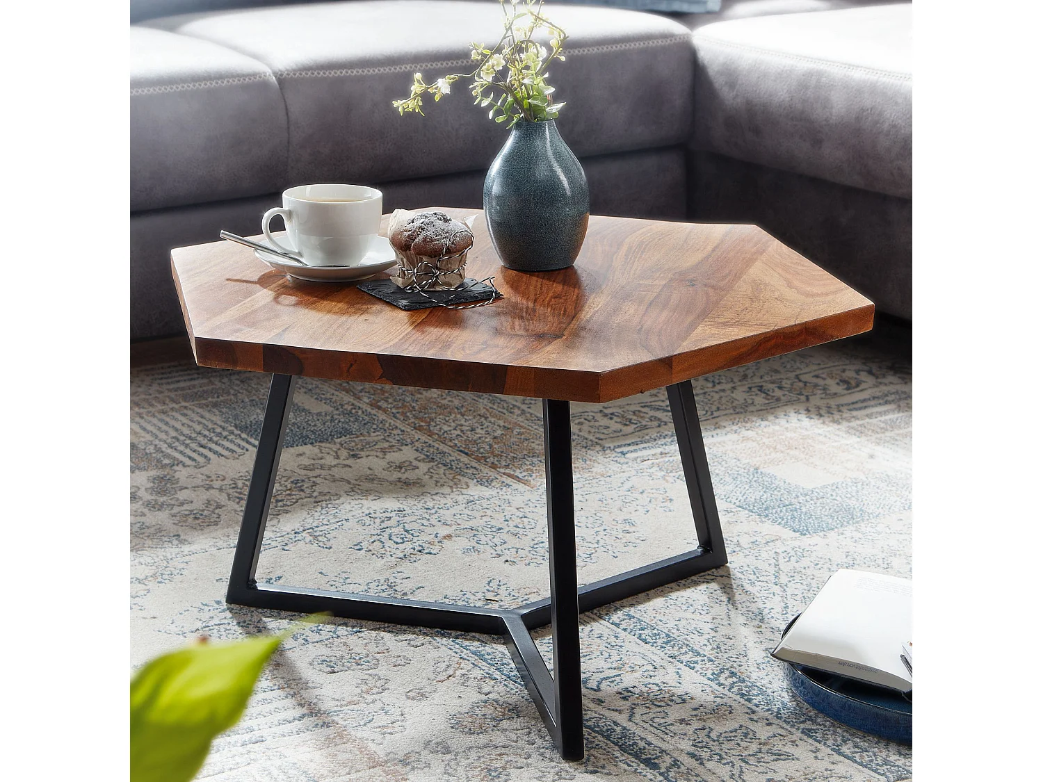 Table Basse Hexagonal Bois Massif 60x60x35 cm Petite Table de Salon