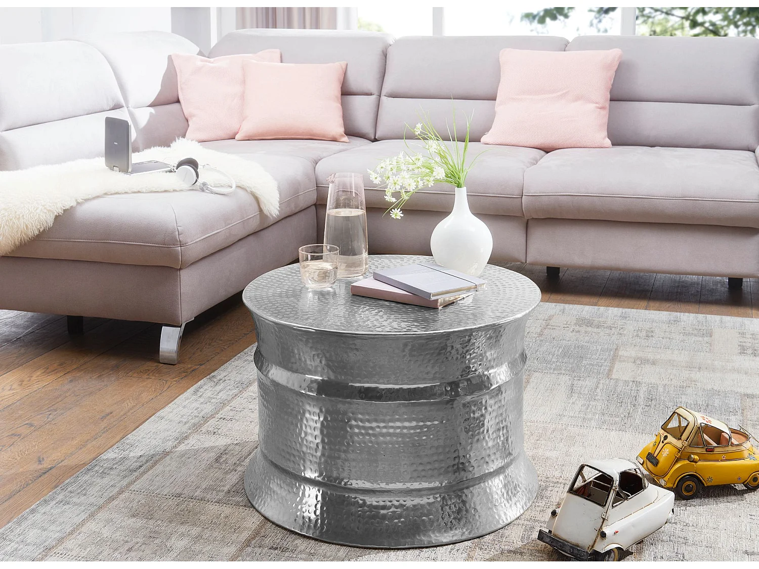 Couchtisch Wohnzimmertisch Sofatisch rund Hammerschlag Metall Alu Modern