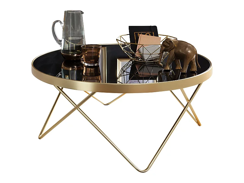 Couchtisch Schwarz matt Gold Glasplatte Wohnzimmertisch Ø 82 cm