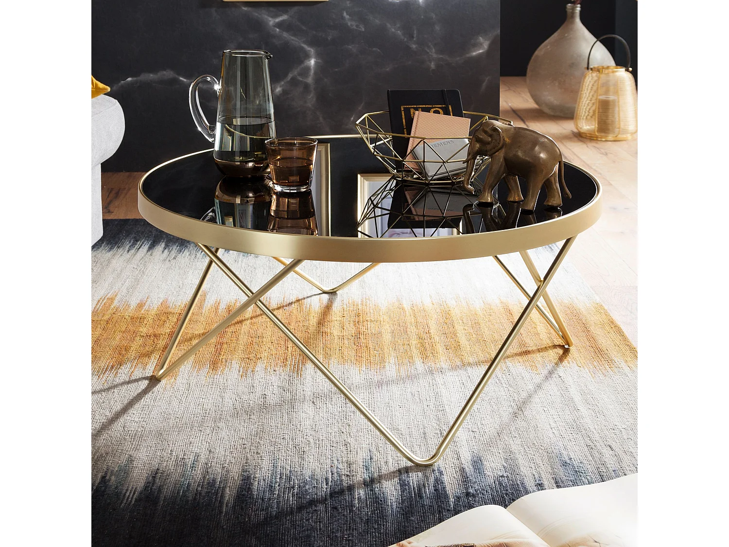 Couchtisch Schwarz matt Gold Glasplatte Wohnzimmertisch Ø 82 cm