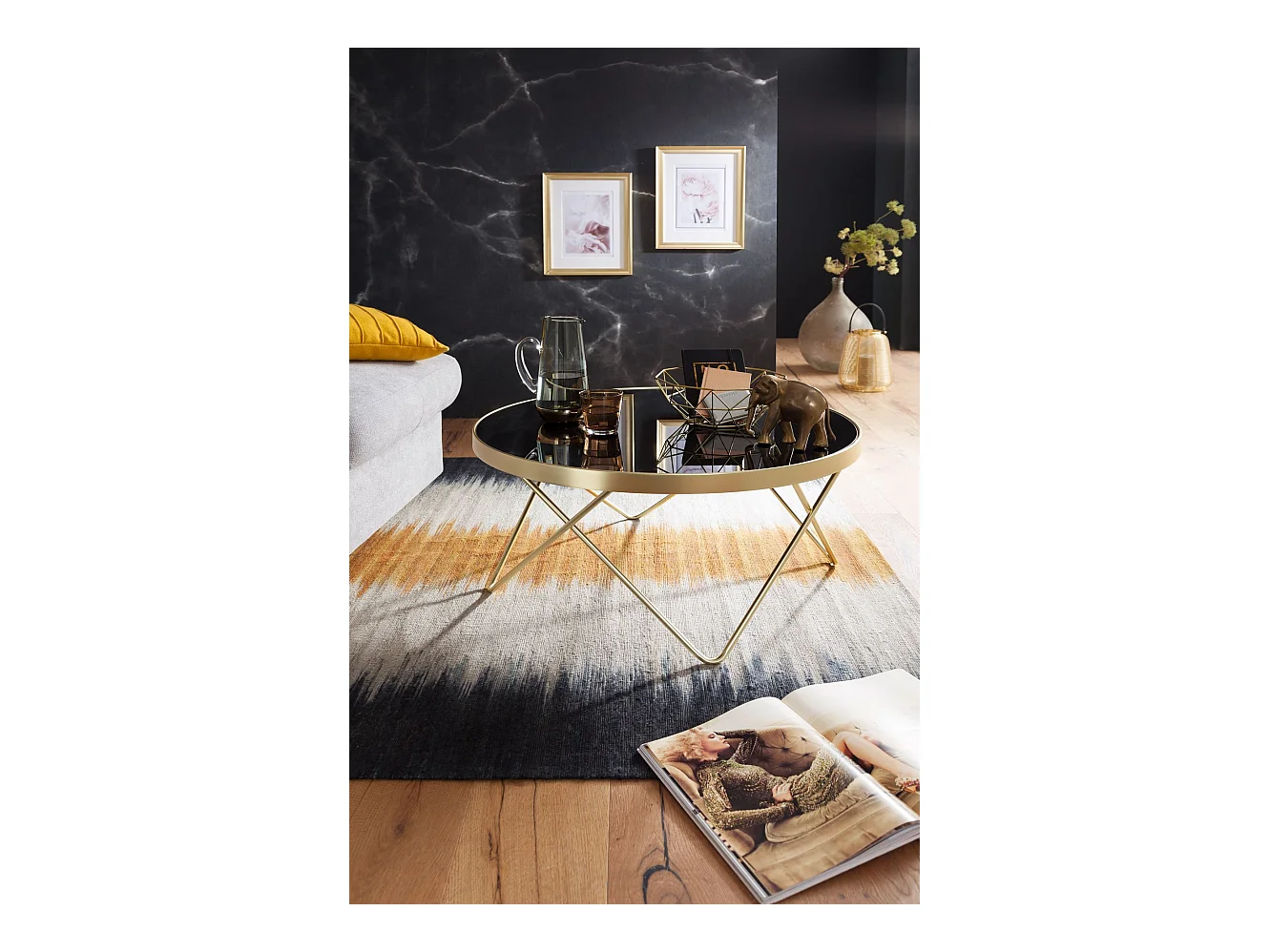 Couchtisch Schwarz matt Gold Glasplatte Wohnzimmertisch Ø 82 cm