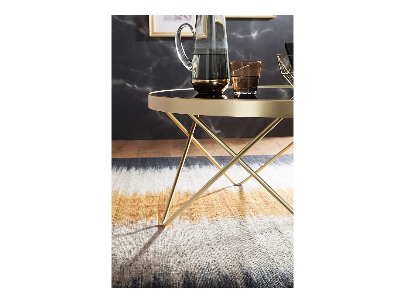 Couchtisch Schwarz matt Gold Glasplatte Wohnzimmertisch Ø 82 cm