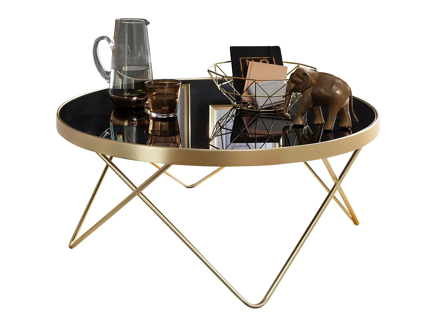 Couchtisch Schwarz matt Gold Glasplatte Wohnzimmertisch Ø 82 cm