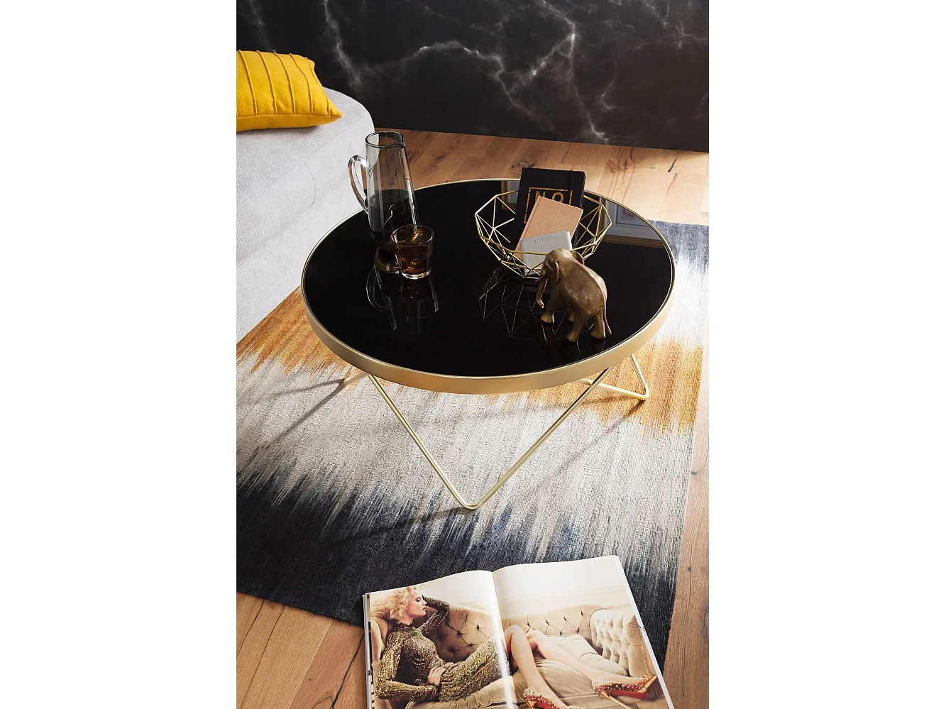 Couchtisch Schwarz matt Gold Glasplatte Wohnzimmertisch Ø 82 cm