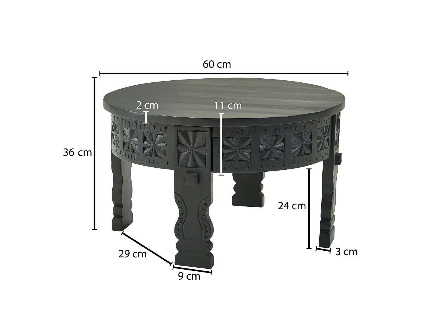 Table Basse de Salon Noir Table de Canapé Bois Massif Orientale Ronde