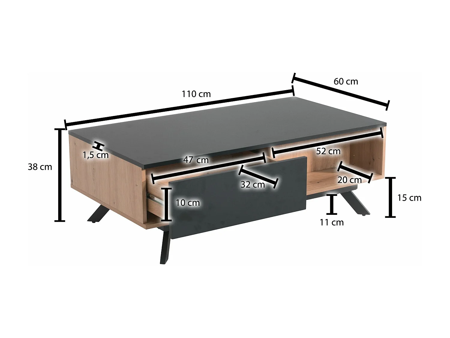 Couchtisch  Sofatisch 110x60x38 cm MDF Eiche Wohnzimmertisch Rechteckig
