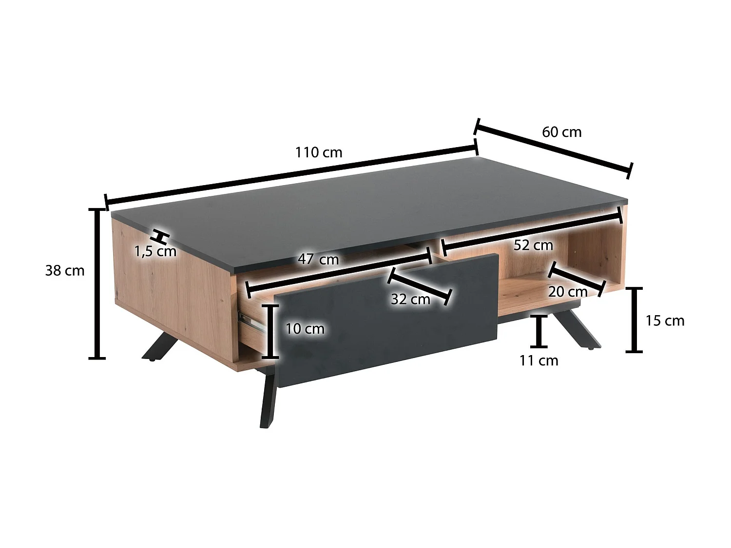 Couchtisch  Sofatisch 110x60x38 cm MDF Eiche Wohnzimmertisch Rechteckig