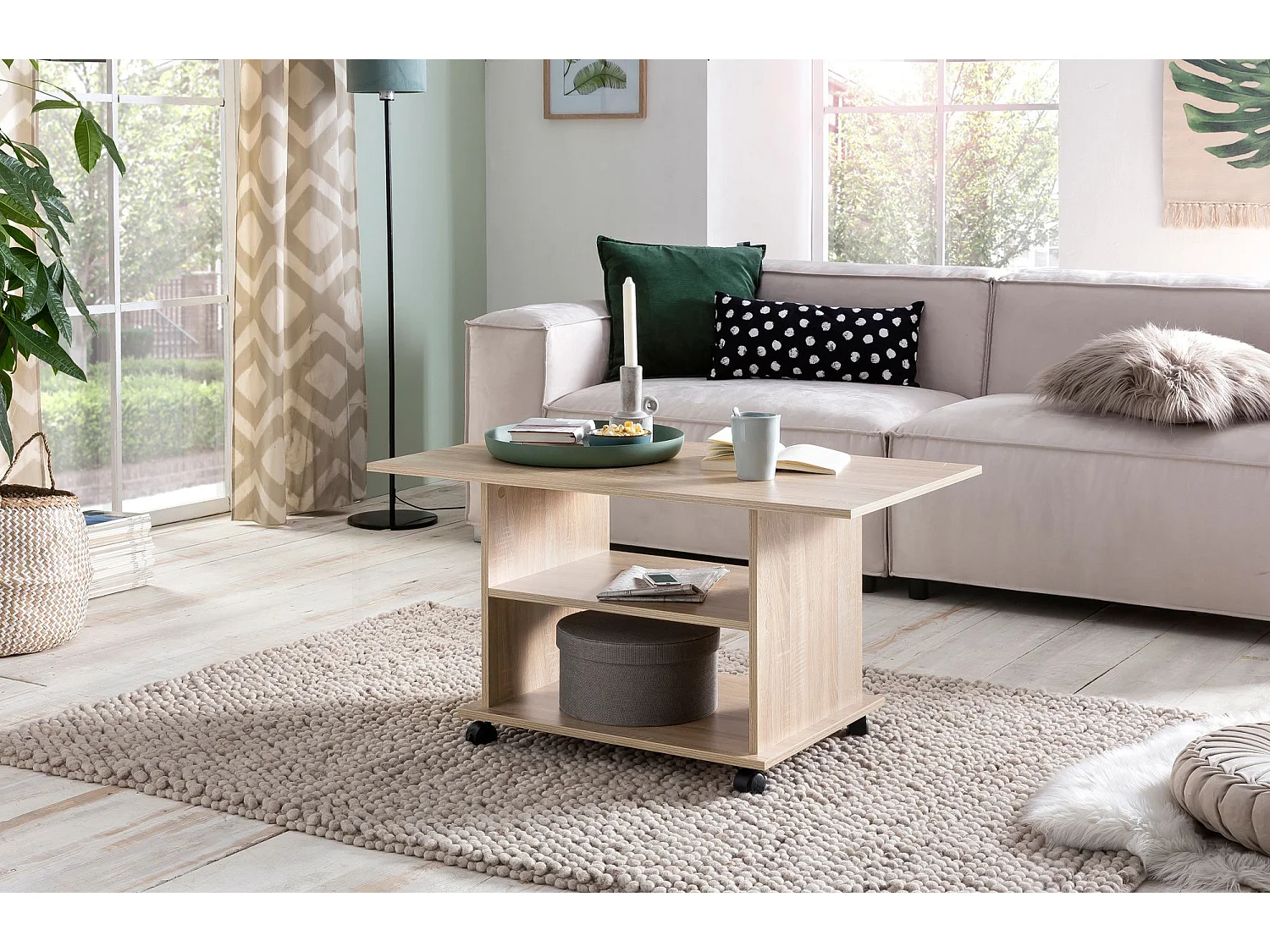 Couchtisch 95 x 51 x 54,5 cm Spanplatte Sofatisch Rollen Wohnzimmertisch