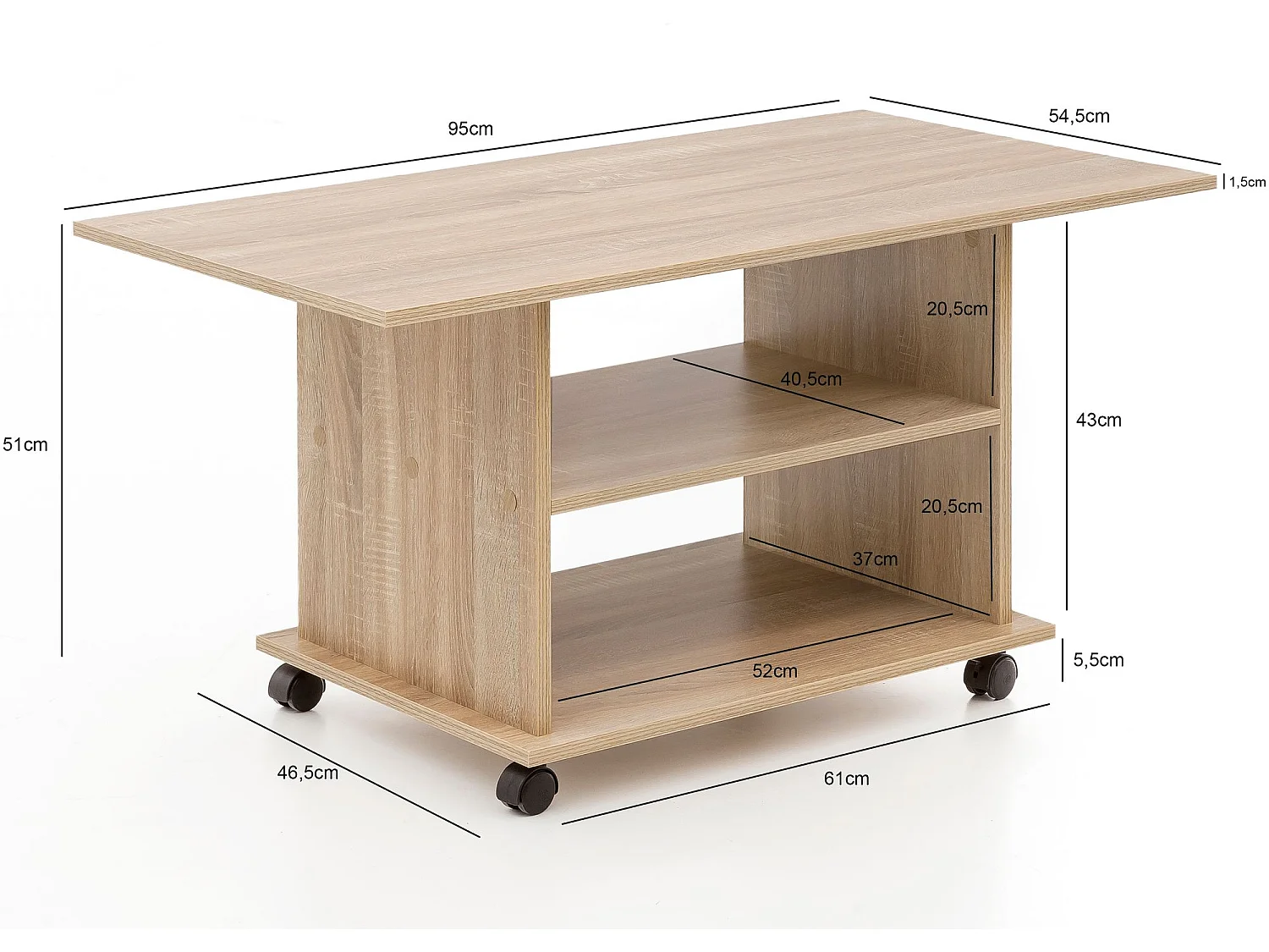 Couchtisch 95 x 51 x 54,5 cm Spanplatte Sofatisch Rollen Wohnzimmertisch