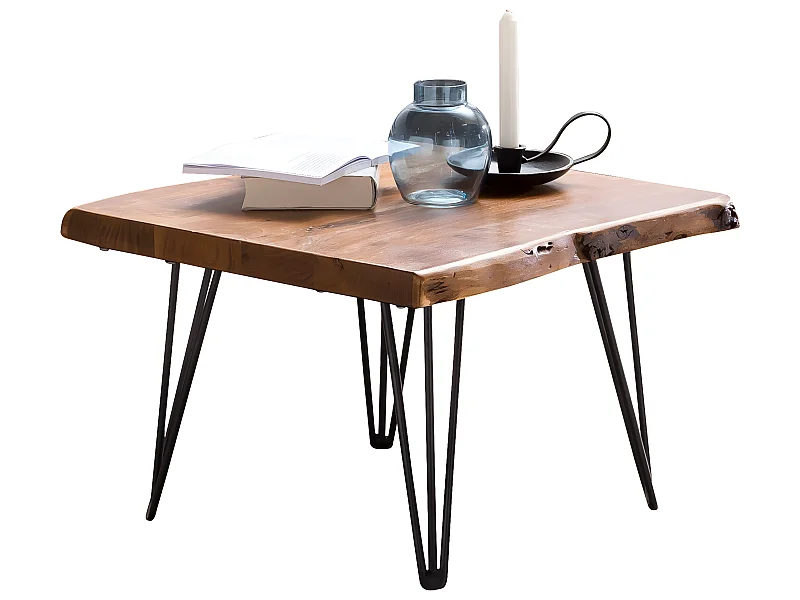 Couchtisch Baumkante 56x38x51 cm Sheesham Massivholz Metallbeine Wohnzimmertisch