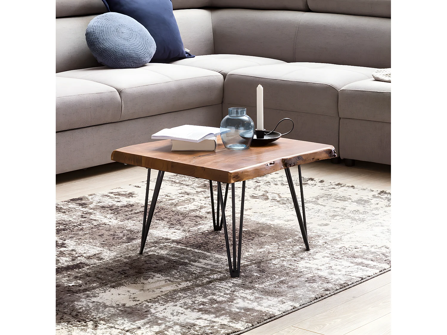 Couchtisch Baumkante 56x38x51 cm Sheesham Massivholz Metallbeine Wohnzimmertisch