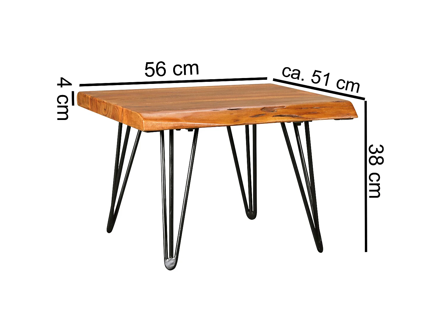 Couchtisch Baumkante 56x38x51 cm Sheesham Massivholz Metallbeine Wohnzimmertisch