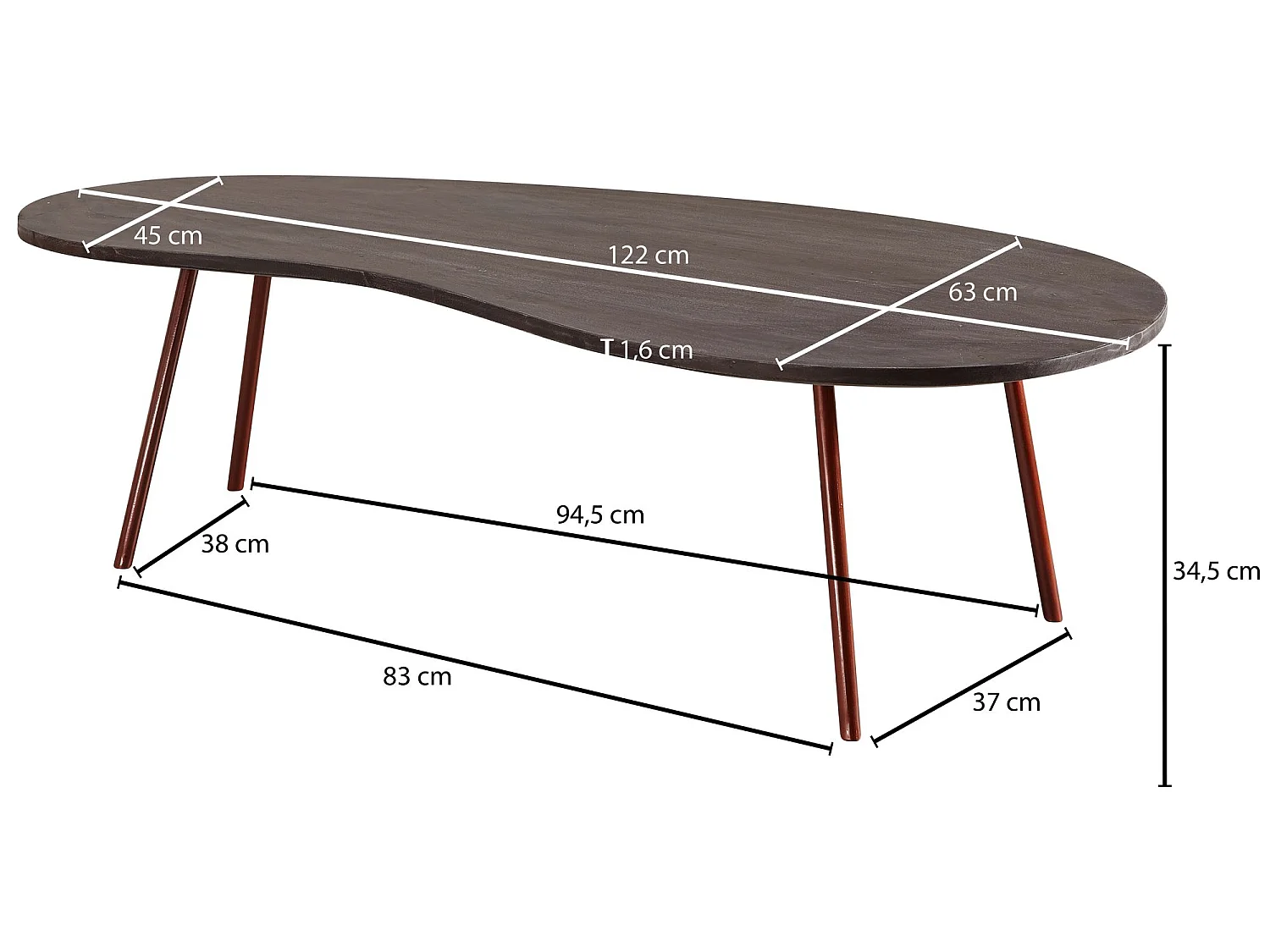 Couchtisch Massiv 122x34,5x63cm Akazie Nierentisch Holz/Metall Holztisch