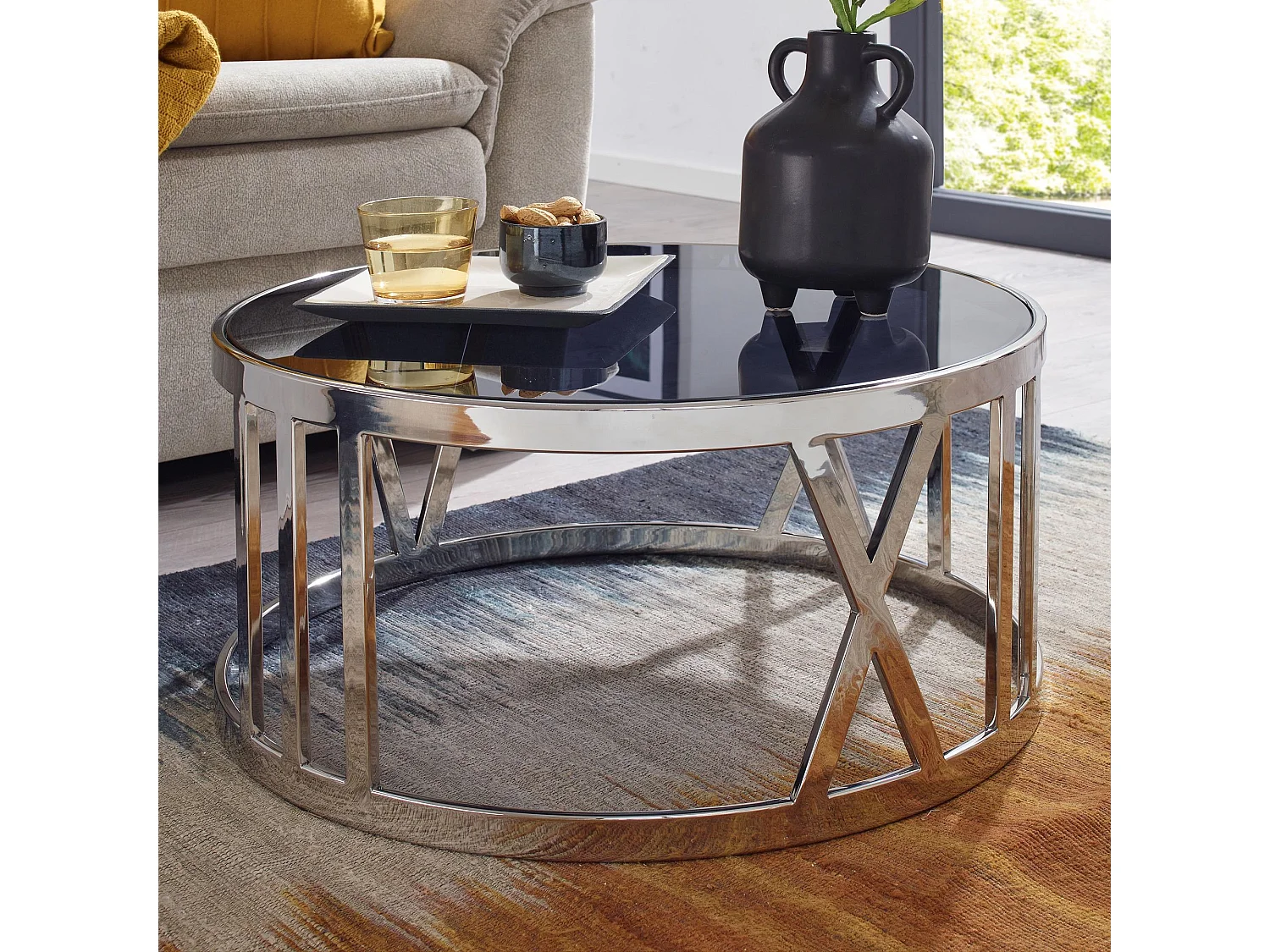 Table Basse Ronde Verre 60x60x30 cm Petite Table de Salon Moderne Métal