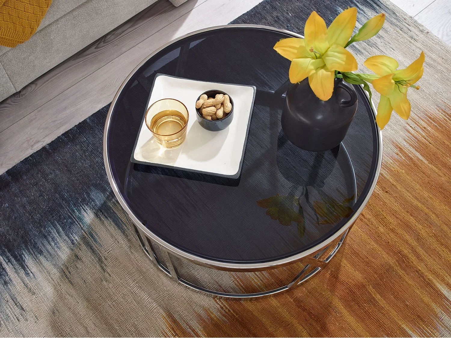 Table Basse Ronde Verre 60x60x30 cm Petite Table de Salon Moderne Métal