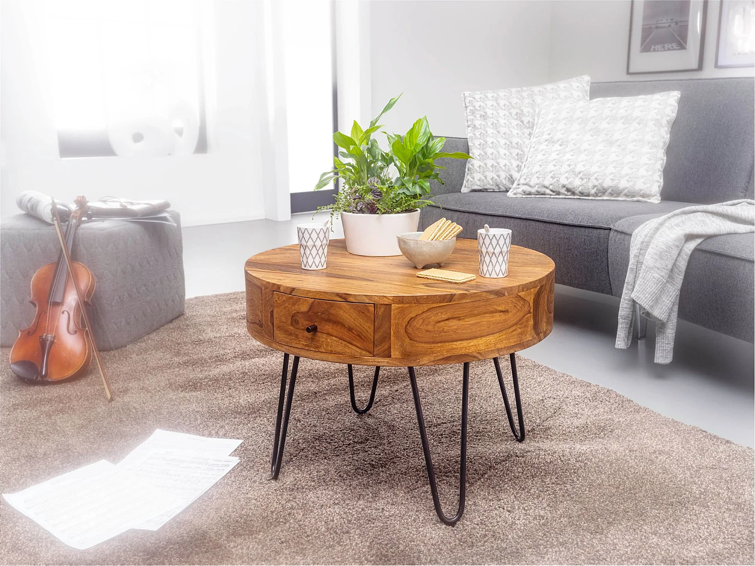 Couchtisch Massivholz 60 cm Wohnzimmertisch Rund Sofatisch Tisch Ablage