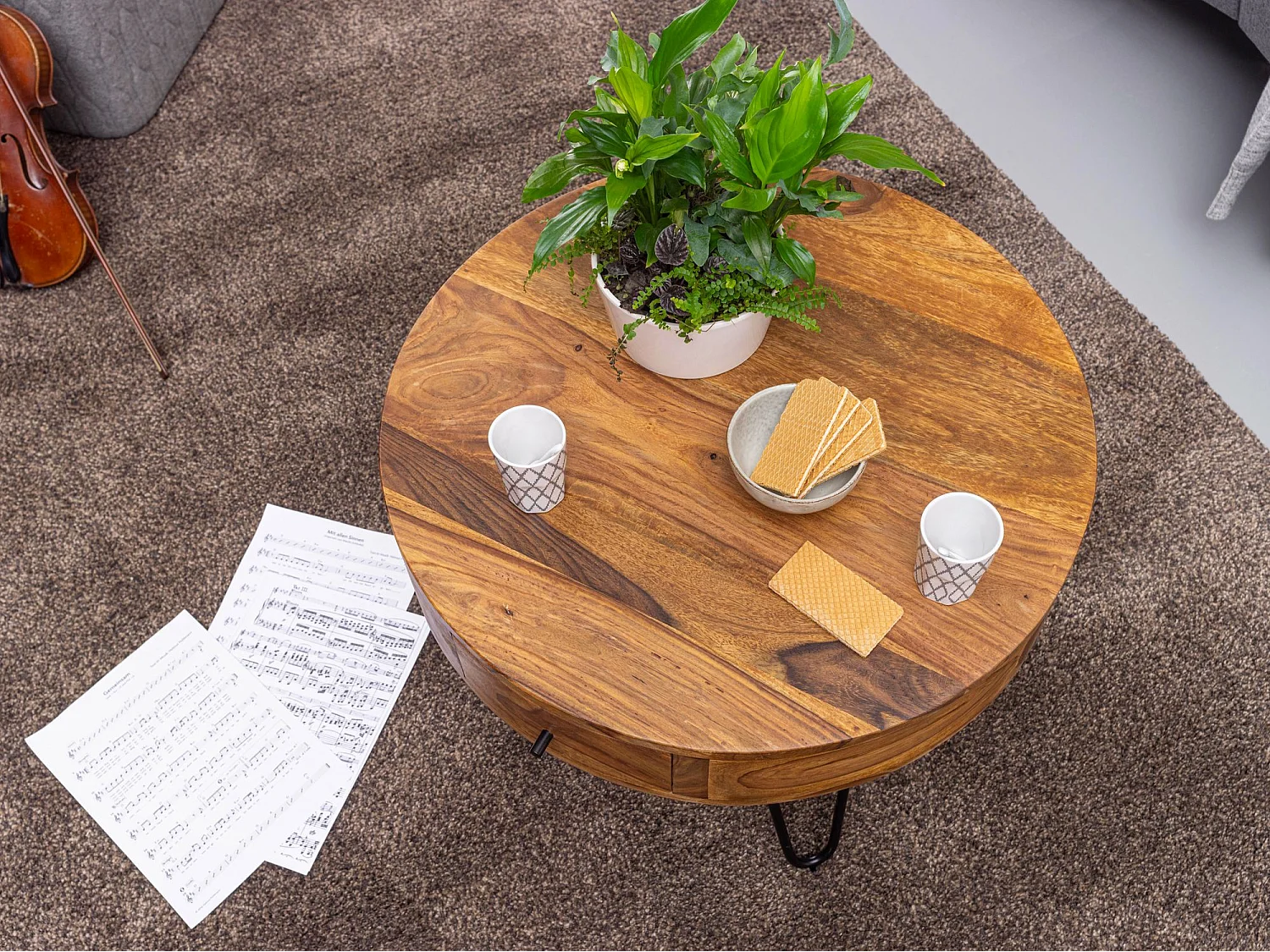 Couchtisch Massivholz 60 cm Wohnzimmertisch Rund Sofatisch Tisch Ablage