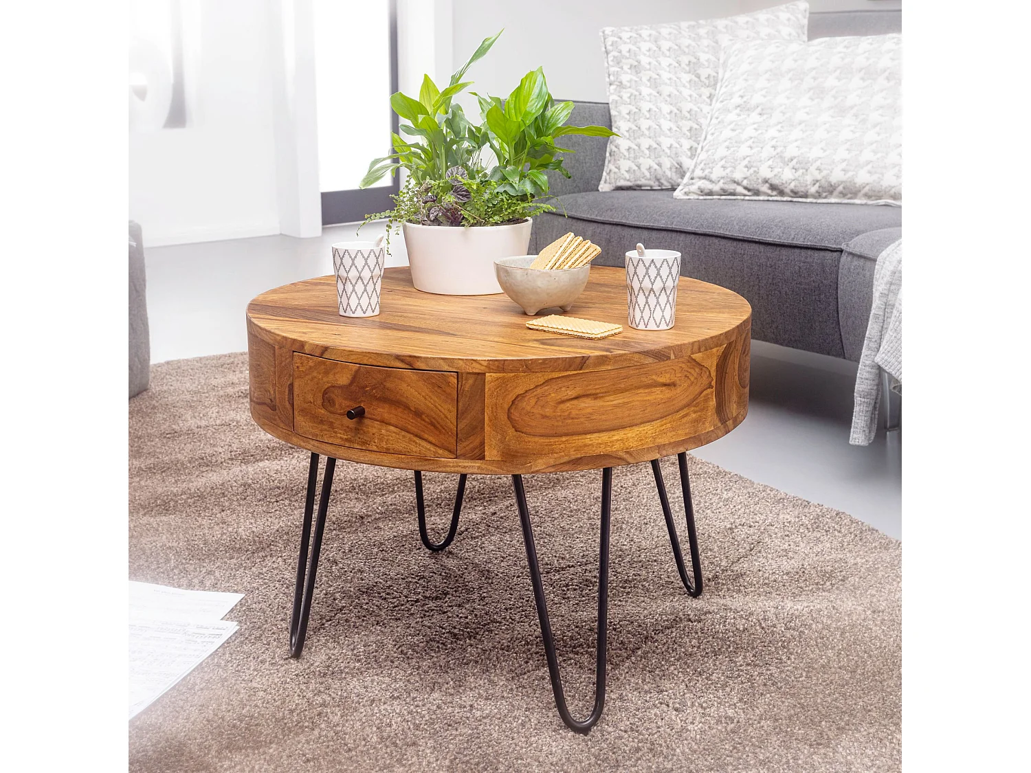 Couchtisch Massivholz 60 cm Wohnzimmertisch Rund Sofatisch Tisch Ablage