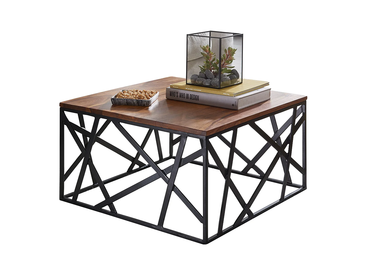 Table Basse Bois Massif Métal 60x35x60cm Table d'appoint Table de salon