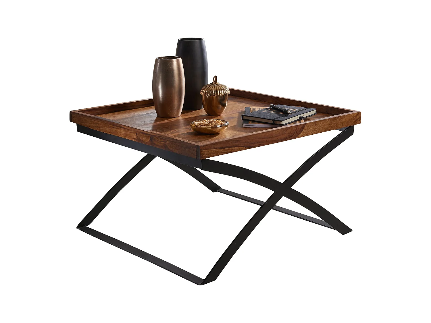 Table Basse Bois Massif Métal 63x39x63cm Table d'appoint Table de salon