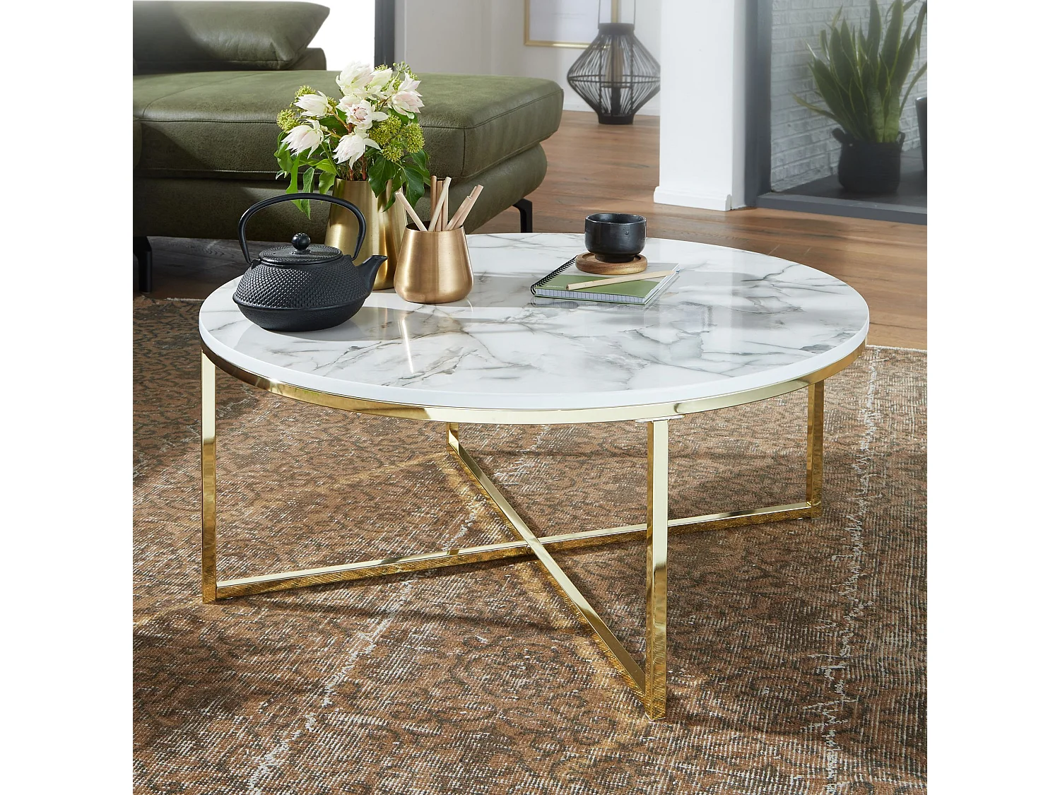 Design Couchtisch Marmor Optik Wohnzimmertisch Ø 80 cm Tisch Rund Metall