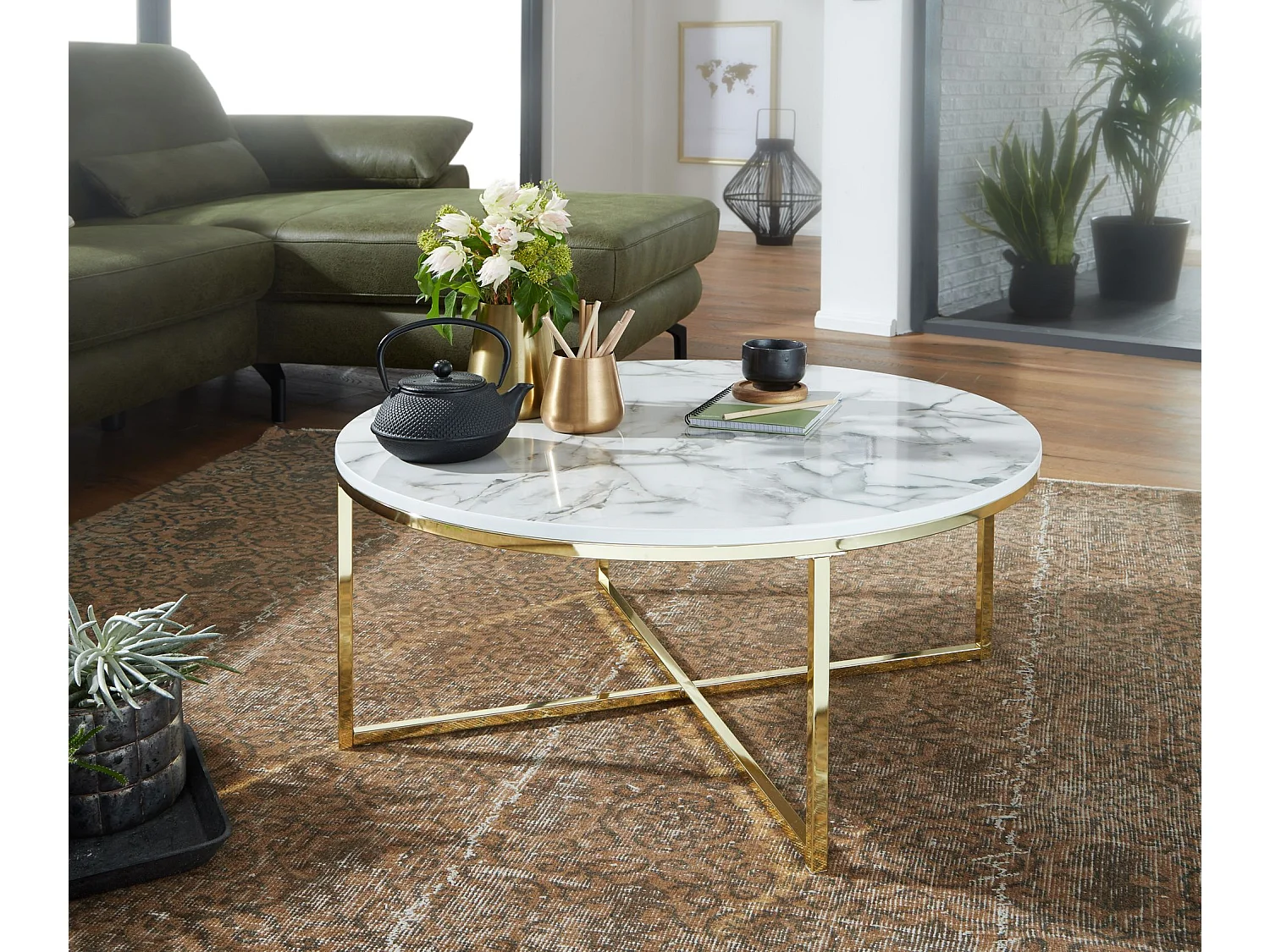 Table Basse de Salon Effet Marbré 80x36x80 cm Table Canapé Moderne Ronde