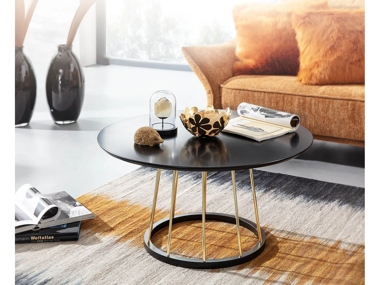 Table Basse ronde 80 cm table de salon en métal noir