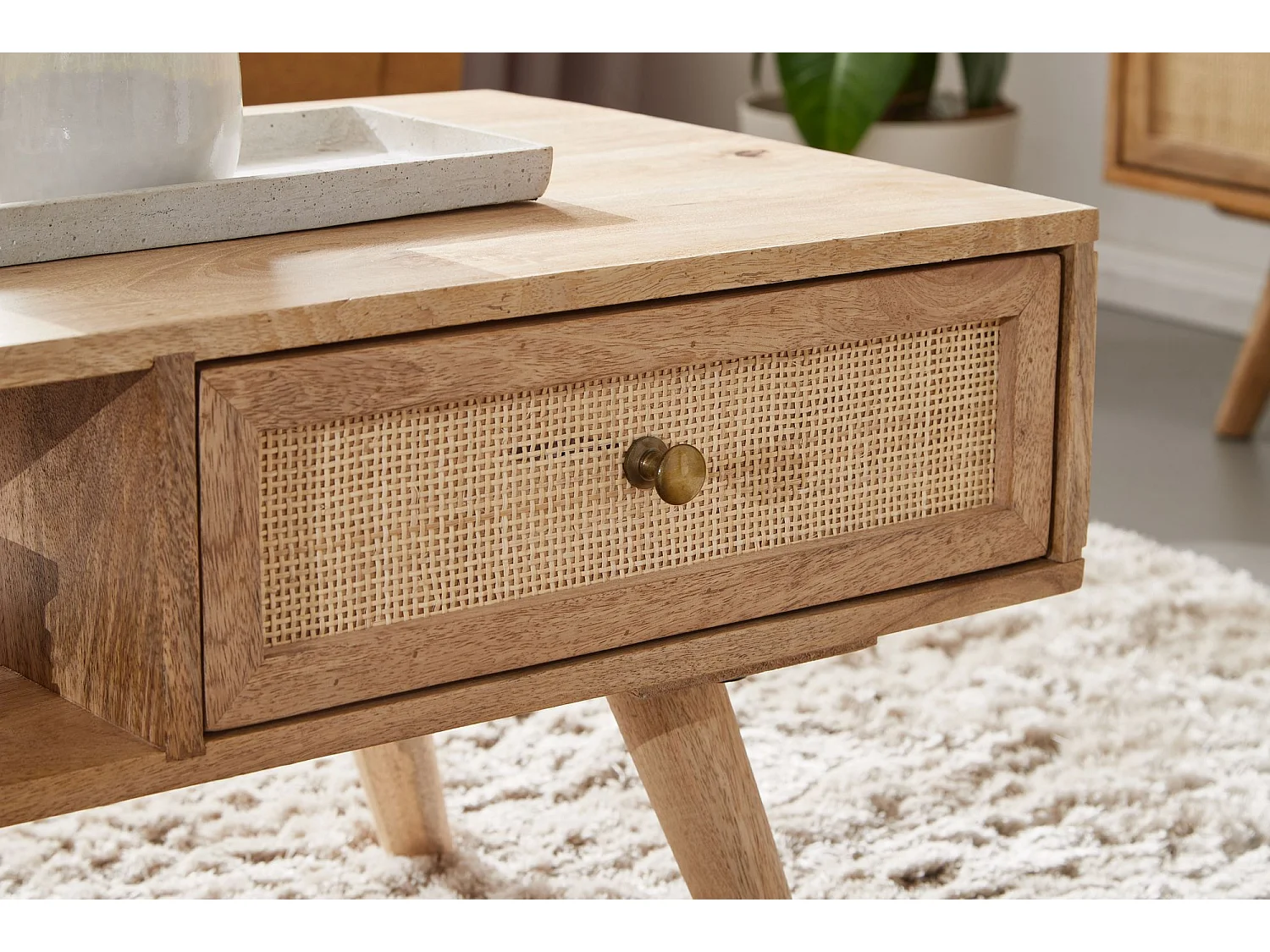 Couchtisch 90x40x45 cm Massivholz Rattan Wohnzimmertisch Sofatisch Tisch