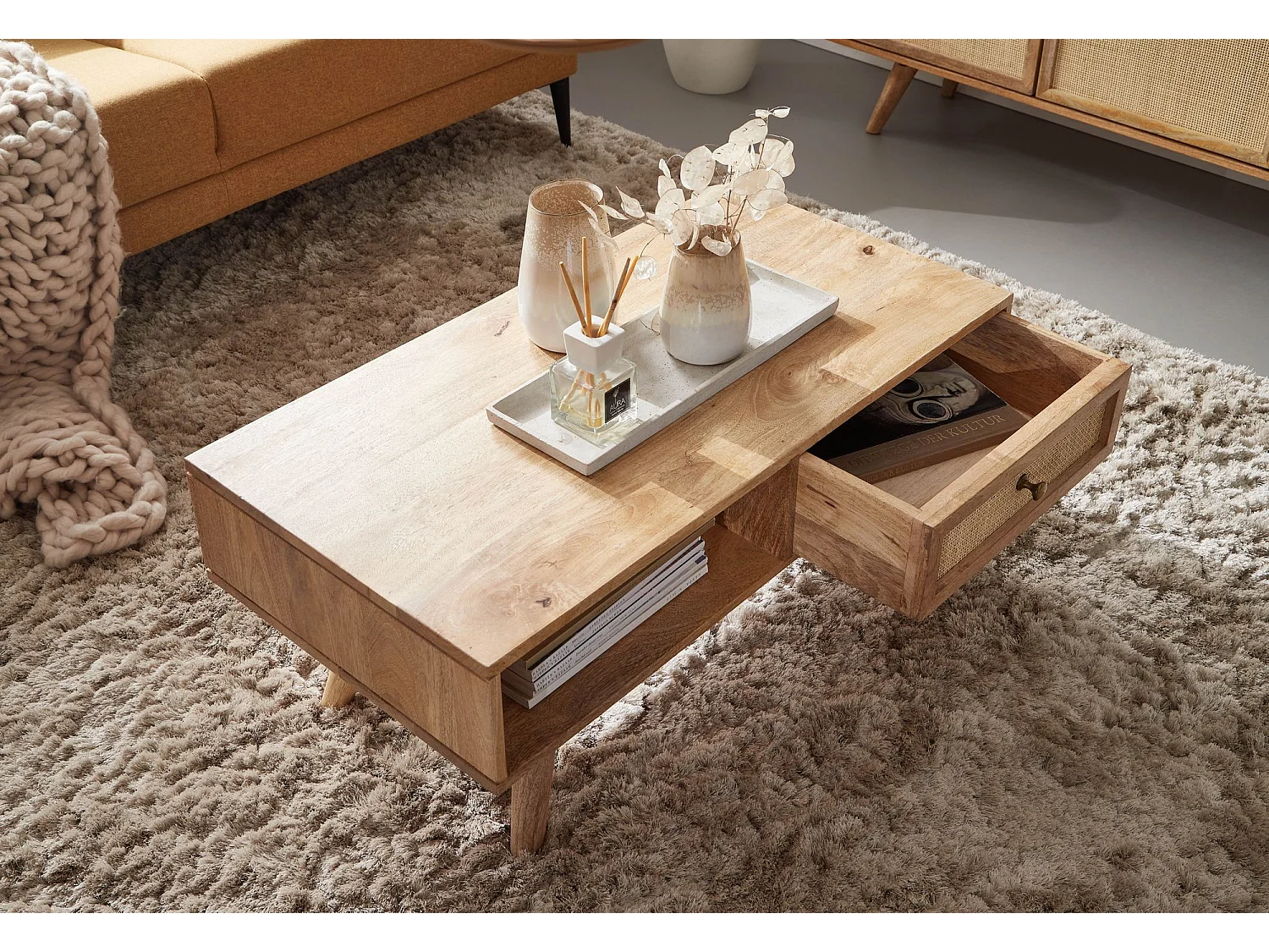 Couchtisch 90x40x45 cm Massivholz Rattan Wohnzimmertisch Sofatisch Tisch