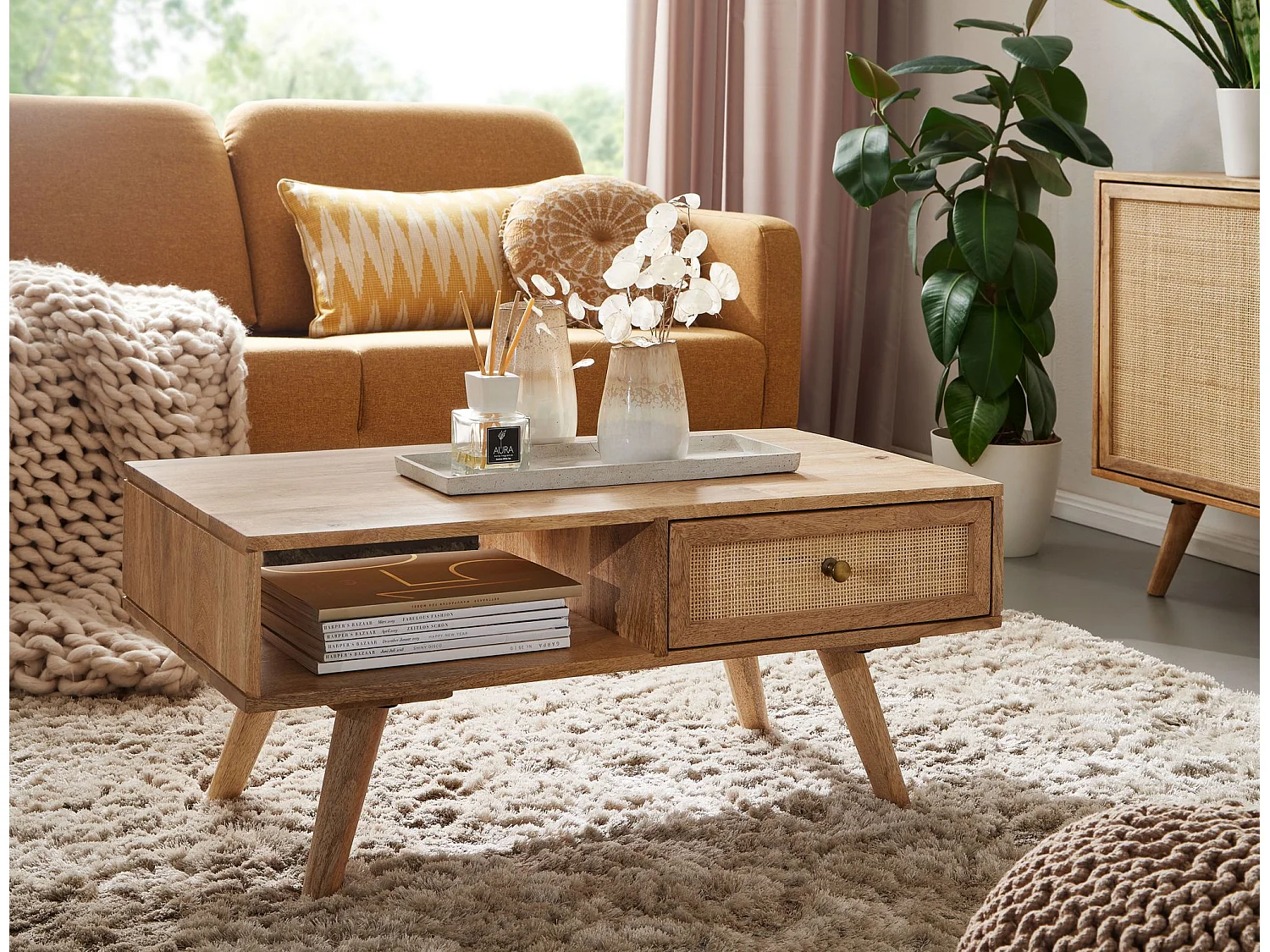 Couchtisch 90x40x45 cm Massivholz Rattan Wohnzimmertisch Sofatisch Tisch