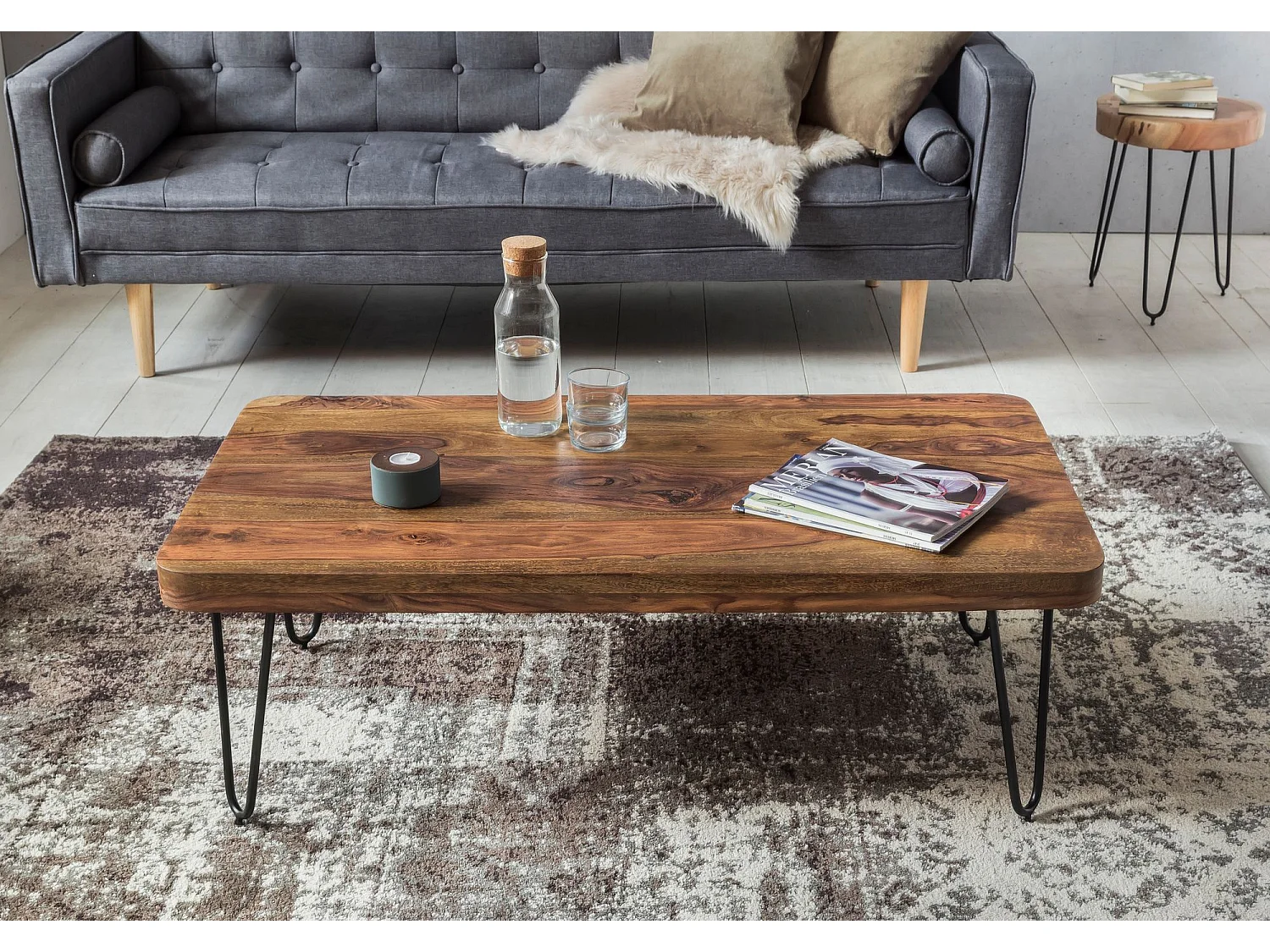 Couchtisch Massivholz 115 cm breit Wohnzimmertisch Metallbeine Landhaus