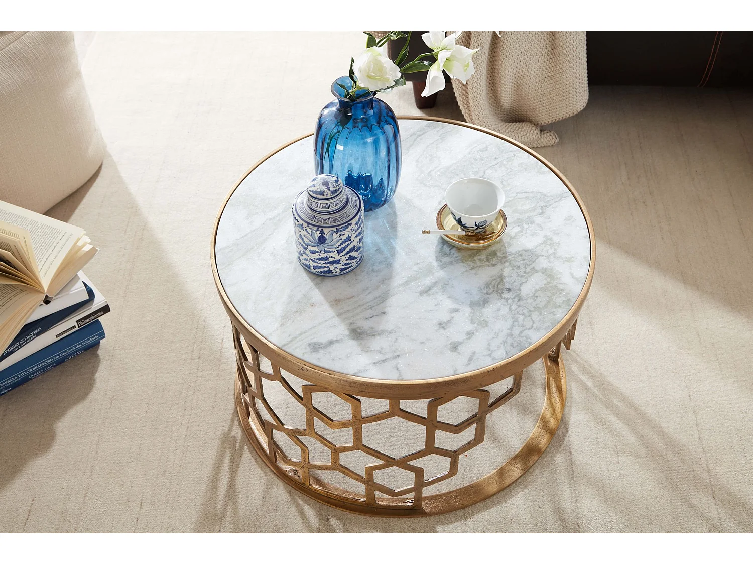 Table Basse Ronde Marbre 60x60x36 cm Petite Table de Salon Moderne Blanc