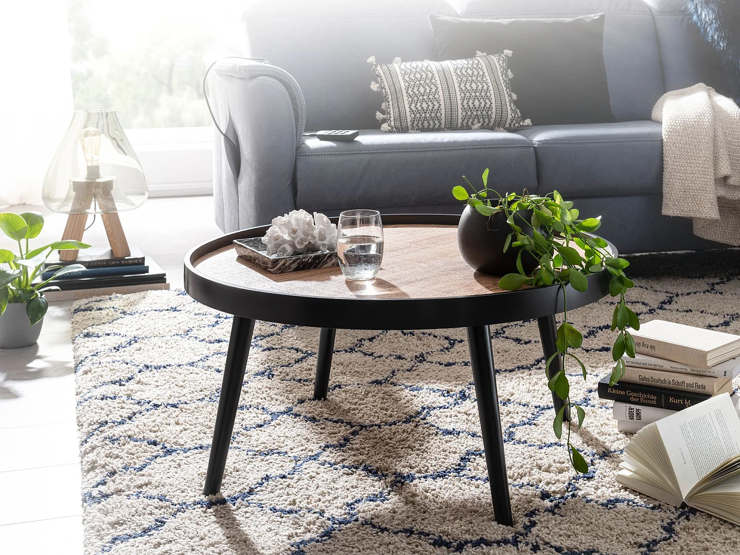 Couchtisch Sofatisch Rund 76x40 cm Schwarz Braun Wohnzimmertisch Tisch