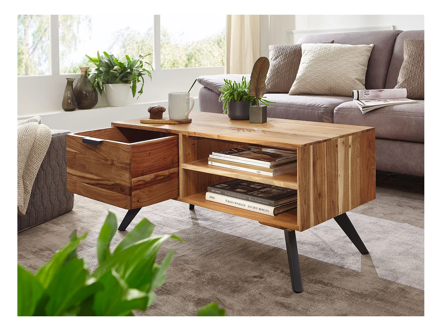 table basse 95x45 cm table de salon en acacia table basse en bois massif