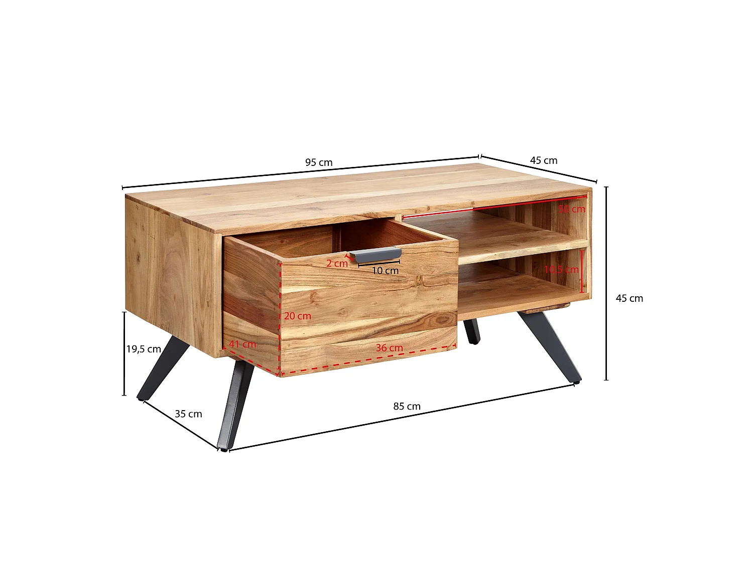 table basse 95x45 cm table de salon en acacia table basse en bois massif