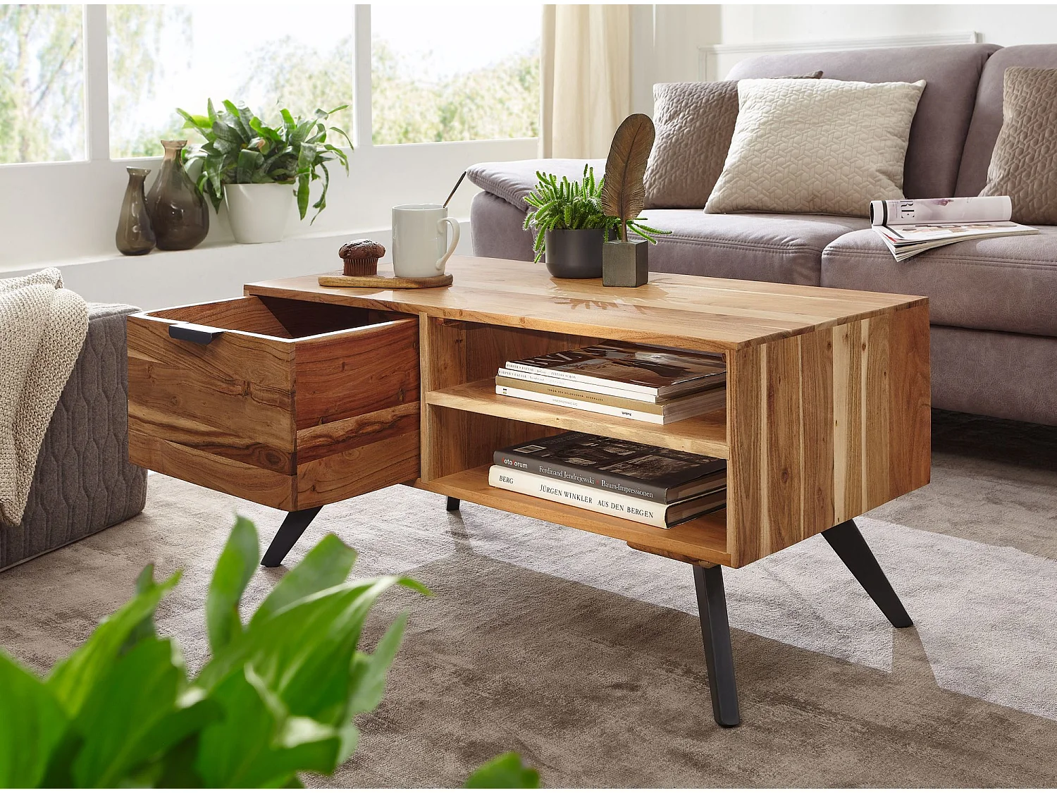table basse 95x45 cm table de salon en acacia table basse en bois massif