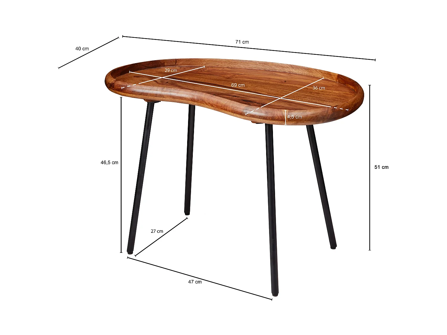 Couchtisch SV51466 Sheesham Tisch mit Metallbeinen Retro Sofatisch klein