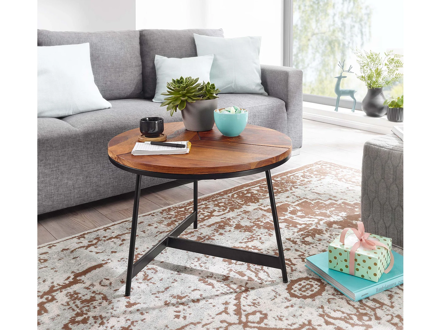 Table Basse Ronde Bois Massif 60x60x45 cm Petite Table de Salon Moderne