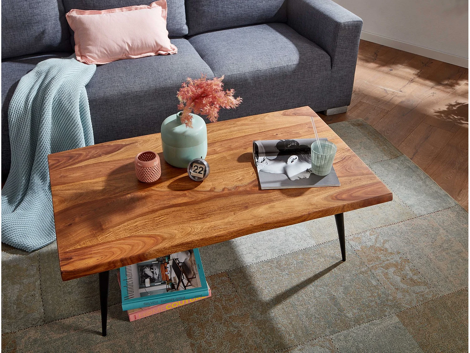 Table Basse de Salon Bois Massif et Métal Table Canapé Moderne Marron