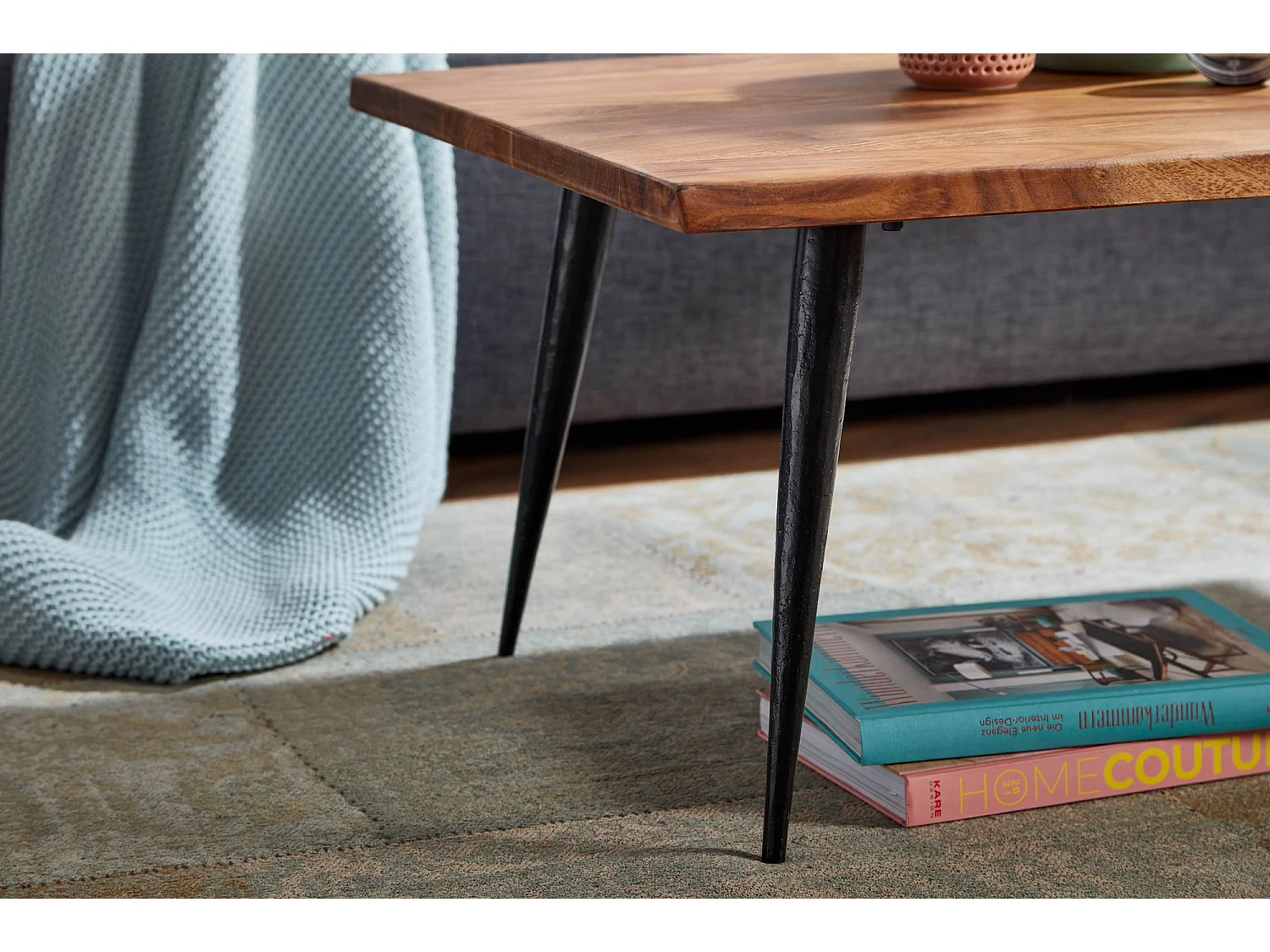 Table Basse de Salon Bois Massif et Métal Table Canapé Moderne Marron