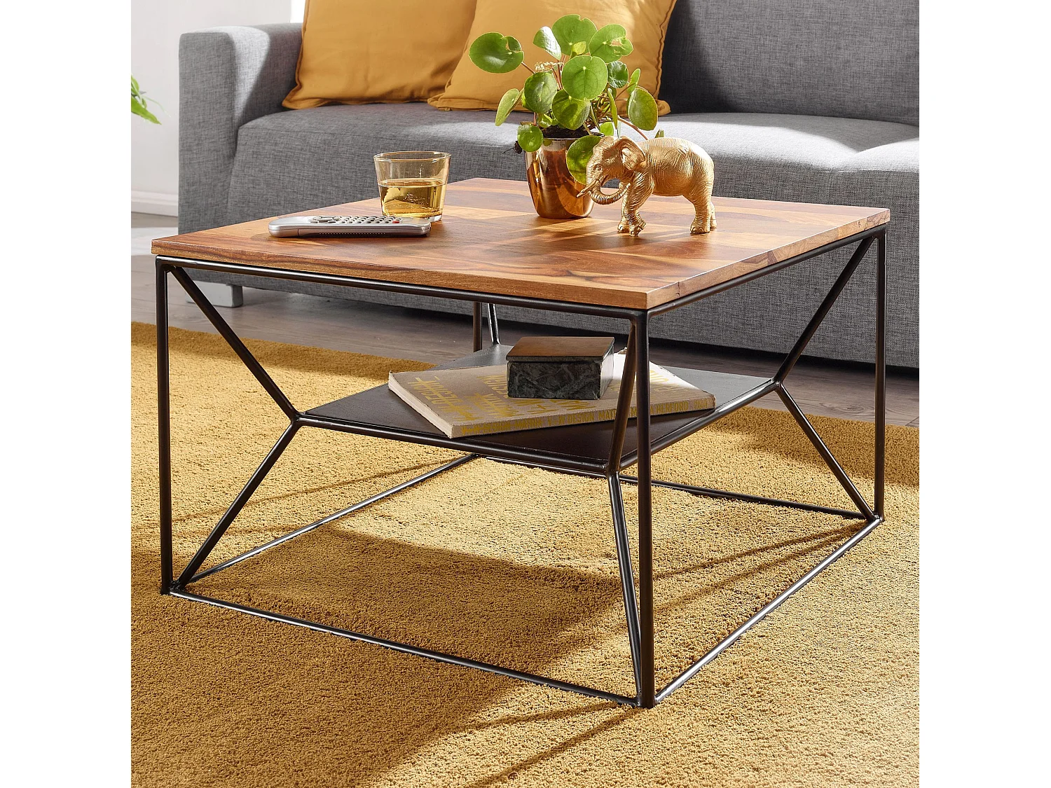 Table Basse Salon Bois Massif Métal Petite Table avec Rangement Moderne