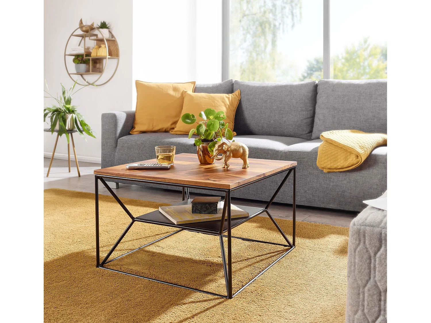 Table Basse Salon Bois Massif Métal Petite Table avec Rangement Moderne