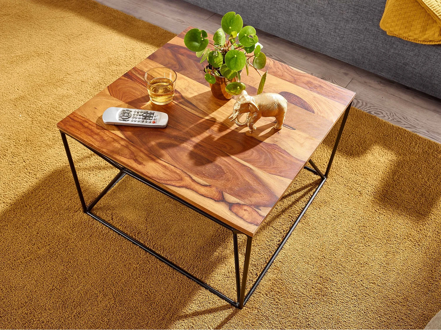 Table Basse Salon Bois Massif Métal Petite Table avec Rangement Moderne