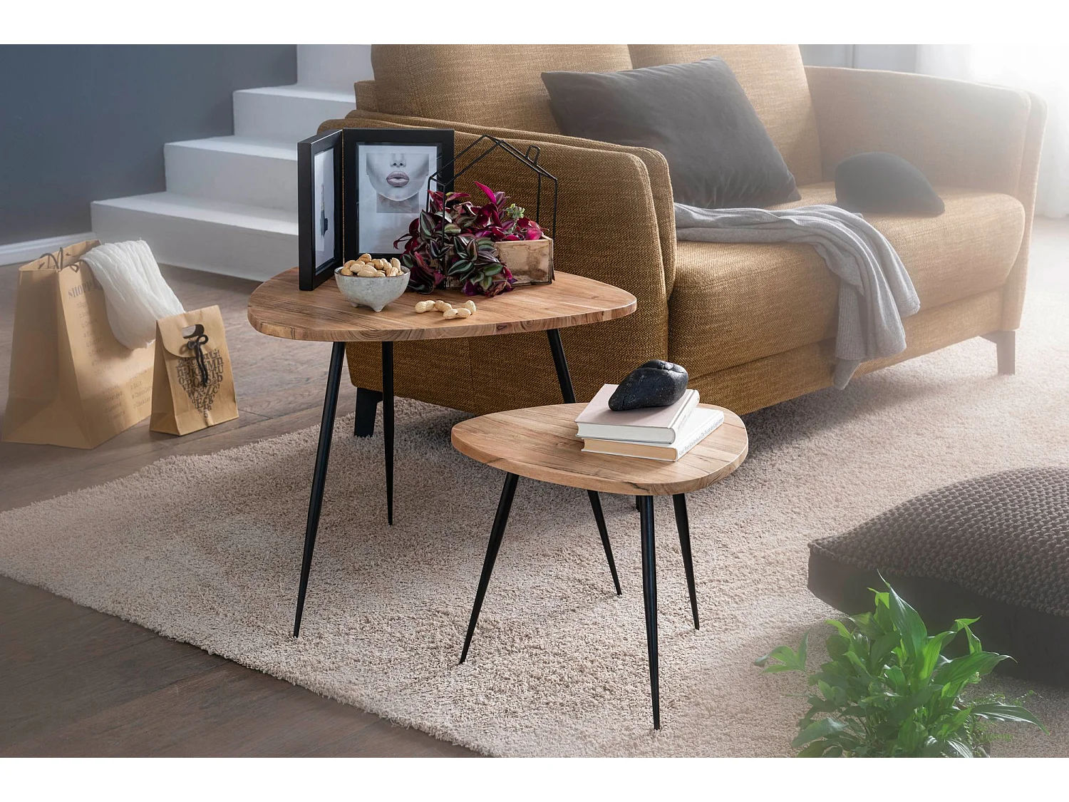 Satztisch Massiv 2er Set Beistelltisch Tisch Holz Metall Couchtisch