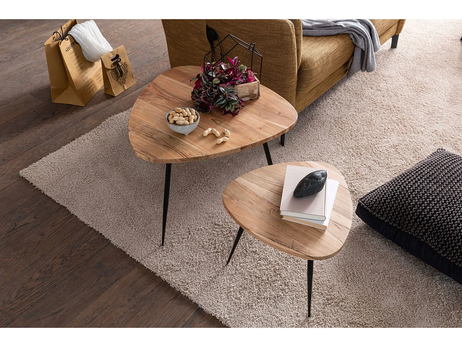 Satztisch Massiv 2er Set Beistelltisch Tisch Holz Metall Couchtisch