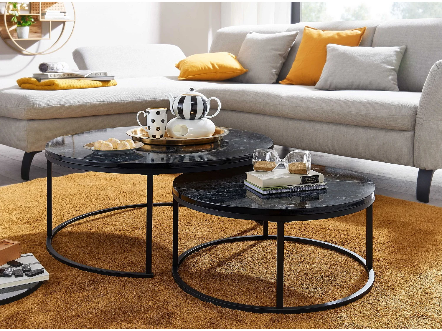 Couchtisch  Sofatisch 2er Set Schwarz Sofatisch Marmor Optik Tisch Rund