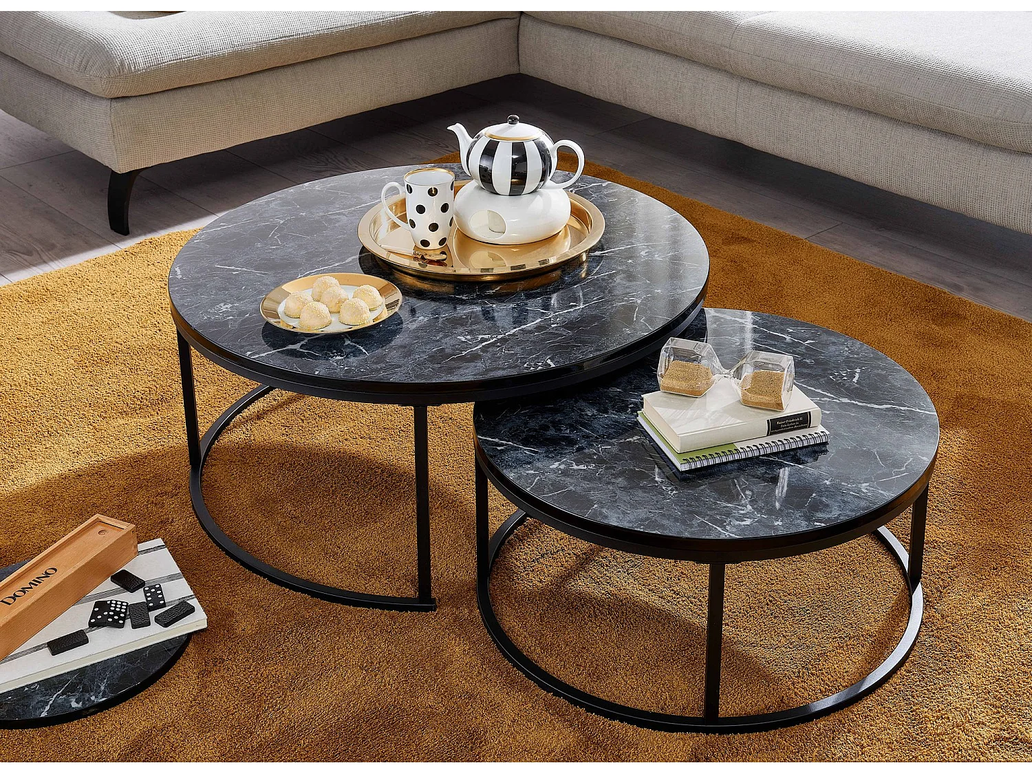 tavolo  set di 2 tavolini tavolino nero tavolino effetto marmo tavolo rotondo