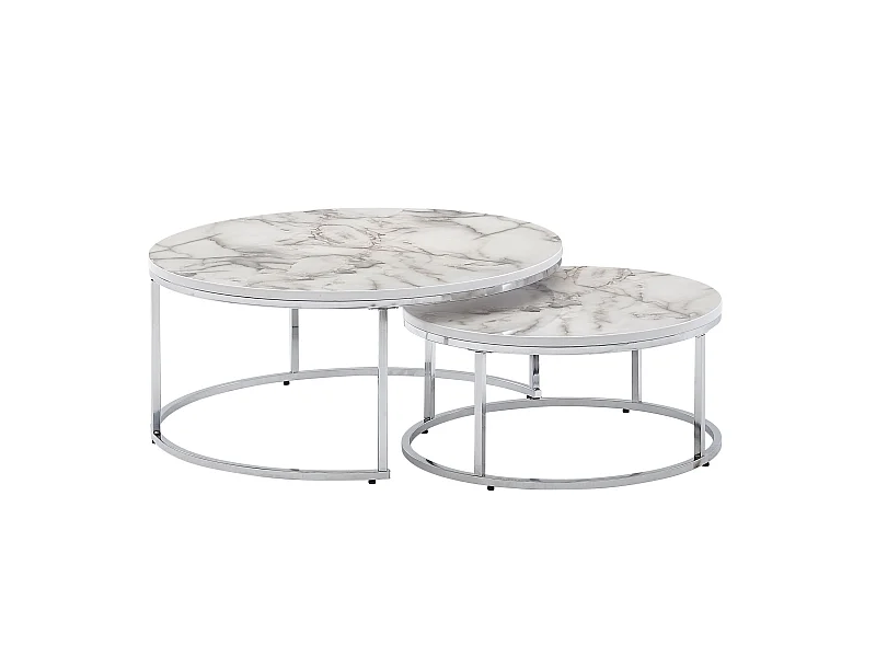 Couchtisch  Sofatisch 2er Set Weiß Marmor Optik Satztisch Tisch Rund