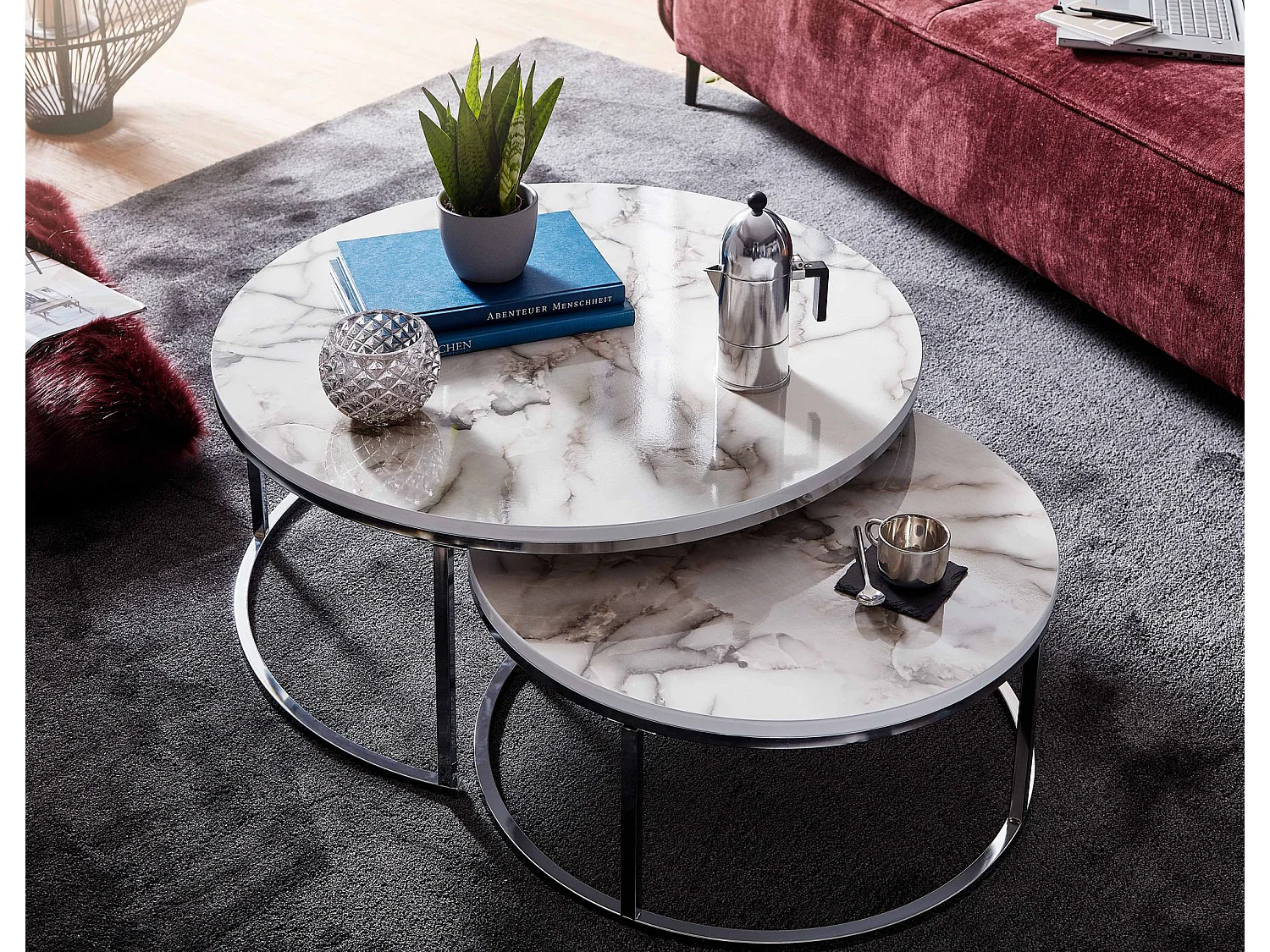 Couchtisch  Sofatisch 2er Set Weiß Marmor Optik Satztisch Tisch Rund