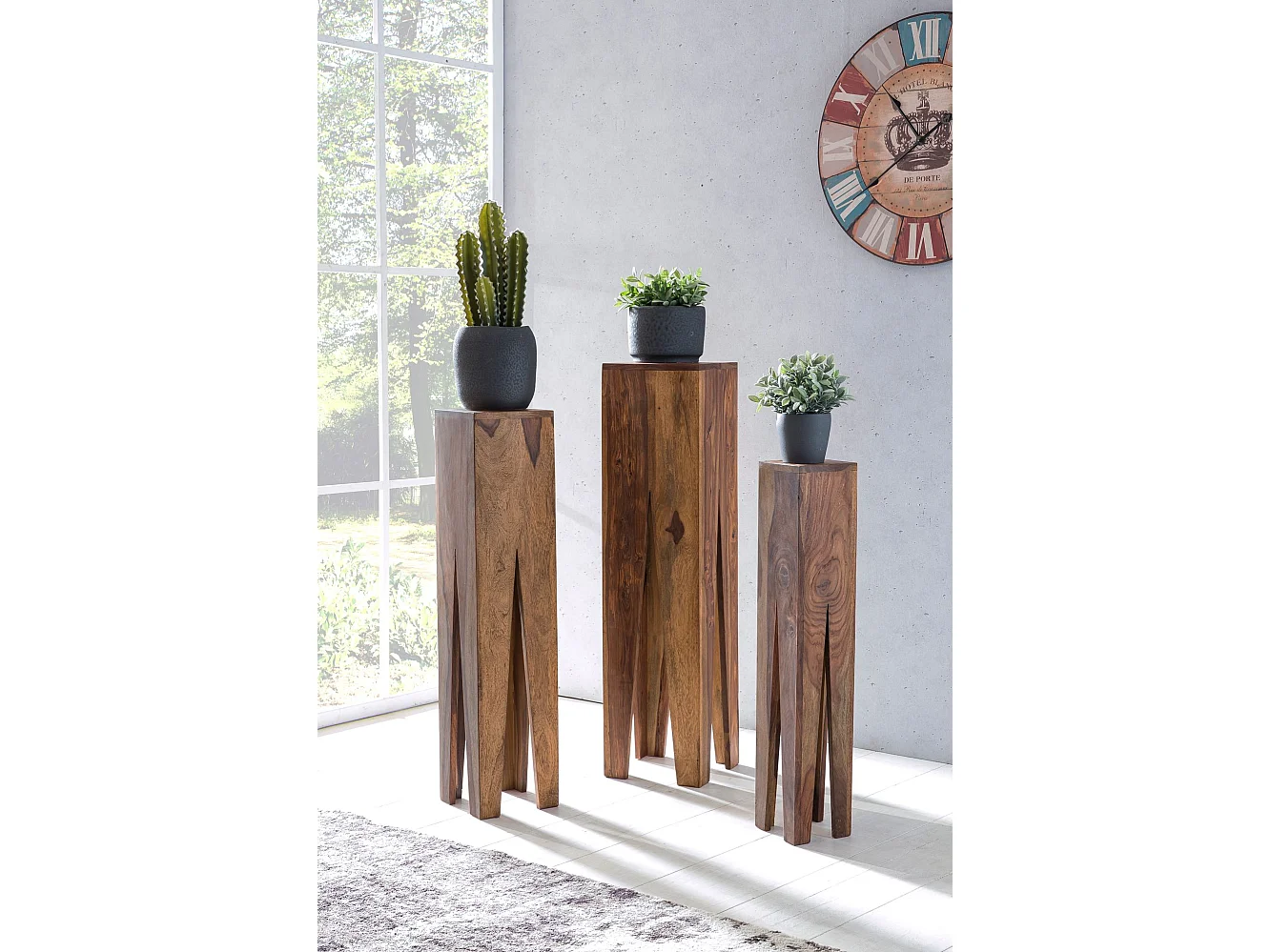 set di 3 tavolini da salotto in legno massello massiccio colonne